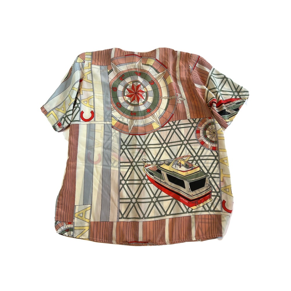 WOMENS TOP "CATALINA" ISLAND SPELL OUT NAUTICAL GRAPHICS SHOULDER PADS SILKY BR